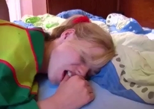 Striped stockings blond-haired teen rides dad's cock