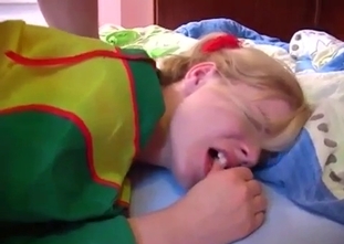 Striped stockings blond-haired teen rides dad's cock