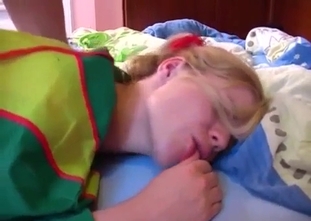 Striped stockings blond-haired teen rides dad's cock
